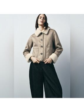 BRAND NEW ZARA ZW COLLECTION DOUBLE FACED FAUX SUEDE SHERPA JACKET TAUPE Large